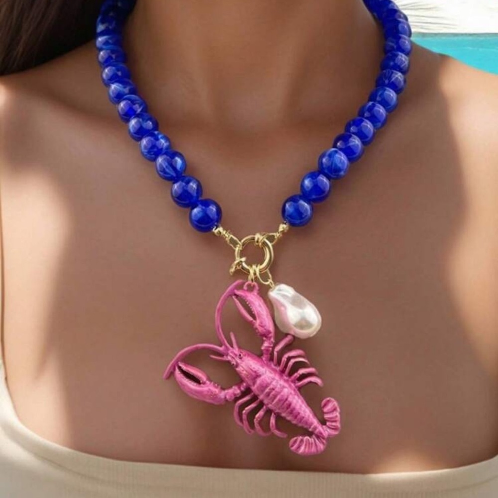 Charm Lobster Beaded Woven Necklace, Fashion Resort Style Zinc Alloy Pendant